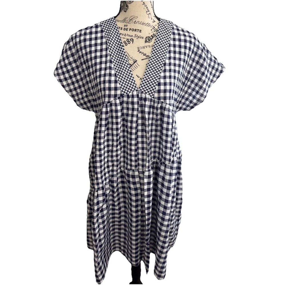 Anthropology XS Navy Blue Gingham Deep V Baby Doll Dress Cottage Core